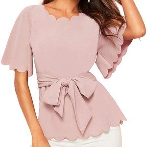 Pink Women's Bow Self Tie Scalloped Short Sleeve